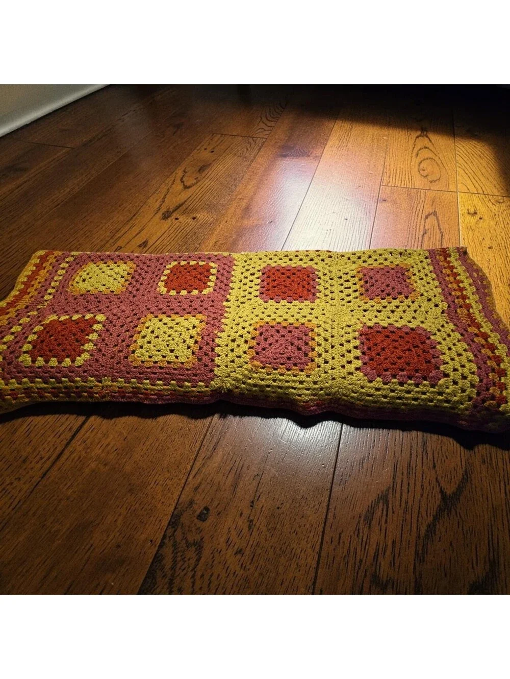 Vtg Handmade Crochet Granny Square Afghan Blanket Mustard Orange Burgundy  Read